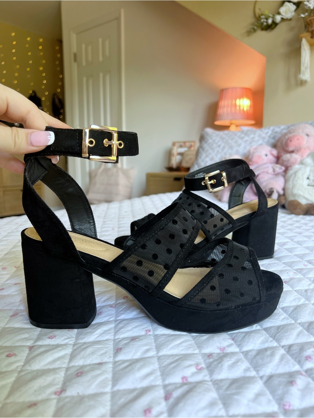 Black Platform Mesh Sandals Polka Dot Ankle Strap Chunky Block Heels Size 9